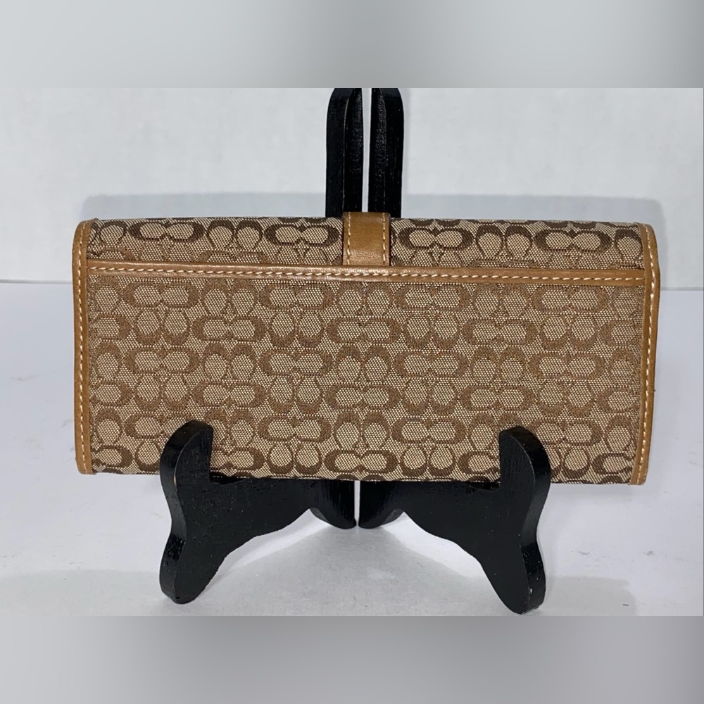 Coach Mini Monogram TAN LONG WALLET W/LEATHER TRIM & BUCKLE VGC - Picture 2 of 14